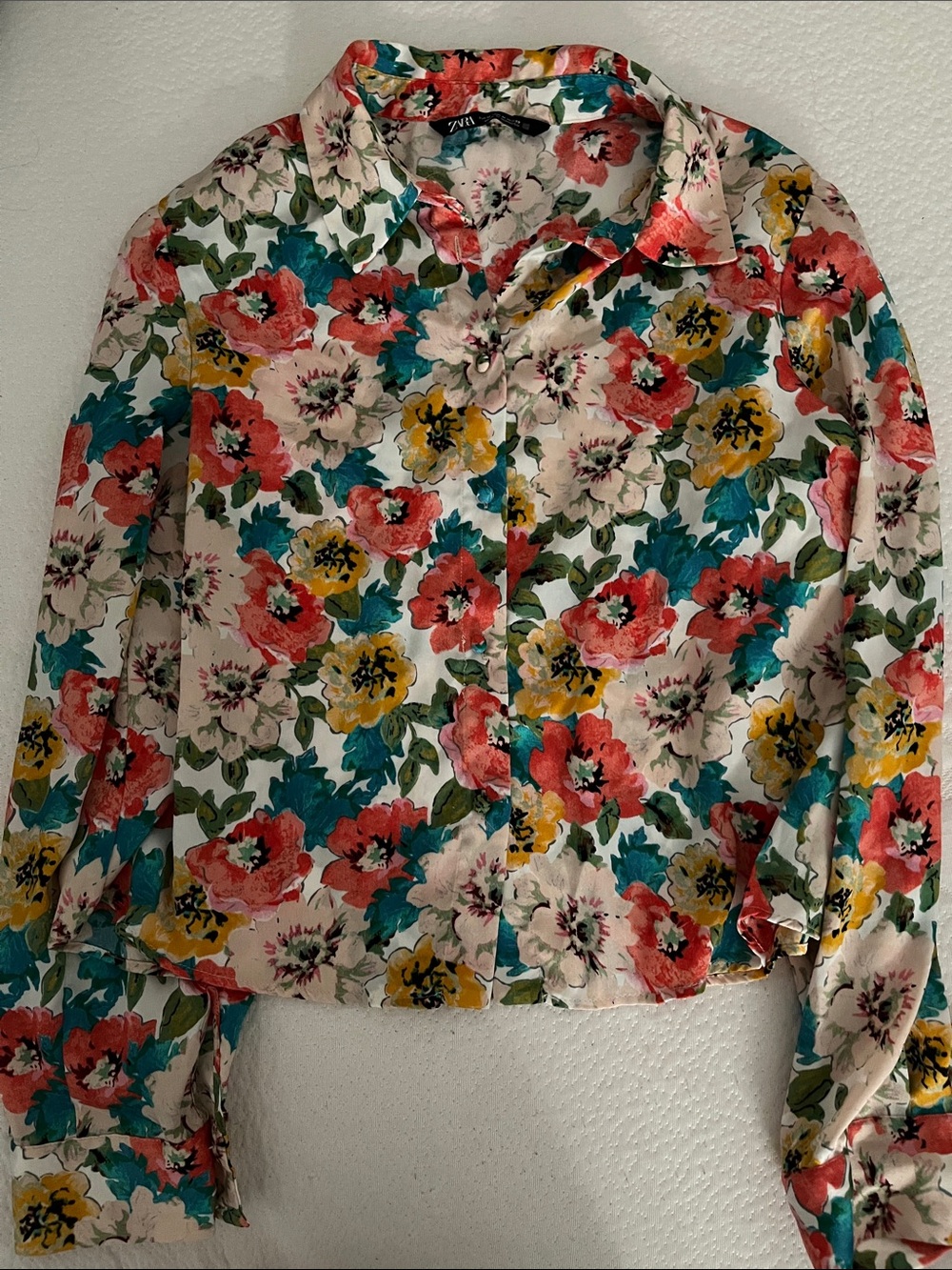 Zara Floral Button-Front Blouse - Red, Teal, Yellow, Cream